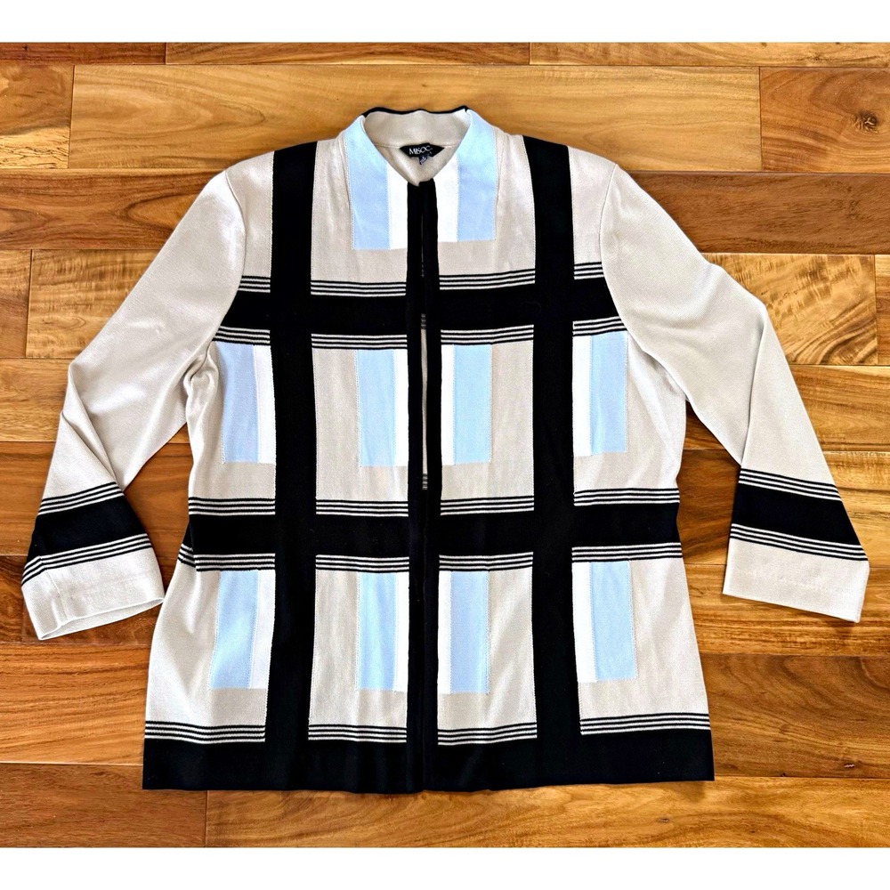 MISOOK Cardigan Women's L Beige Black Light Blue Plaid Collared Lightweight